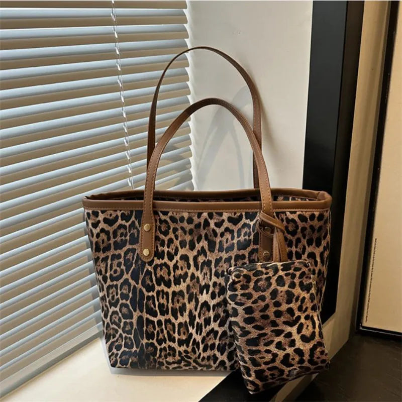 Borsa Leopard con custodia, elegante borsa a tracolla in pelle sintetica, shopping bag di grande capacità per l’uso quotidiano