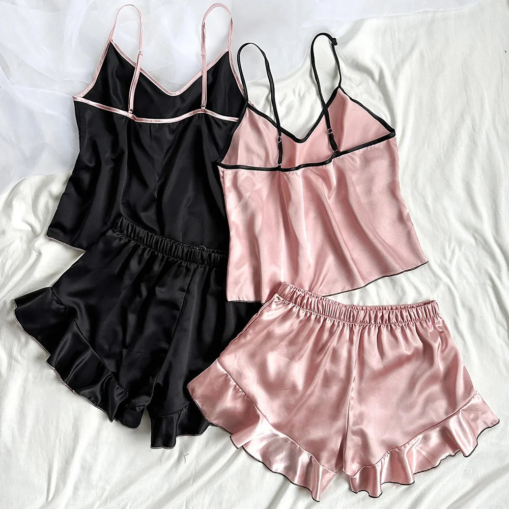 Pigiama da donna in raso liscio T-shirt con scollo a V Bordi arruffati e pantaloncini con fiocco Set di pigiama semplice e traspirante