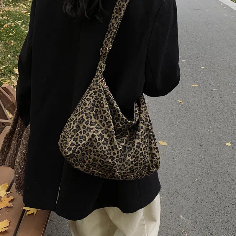 Borsa a tracolla da donna in tessuto morbido alla moda Borsa a tracolla da donna con stampa leopardata di grande capacità