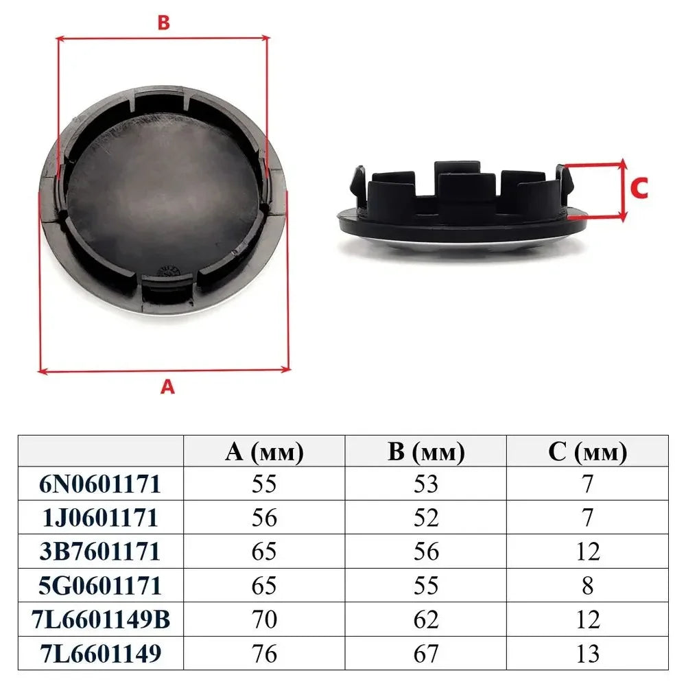 4 pezzi 55/56/65/70Tappi Coprimozzo per VW Golf