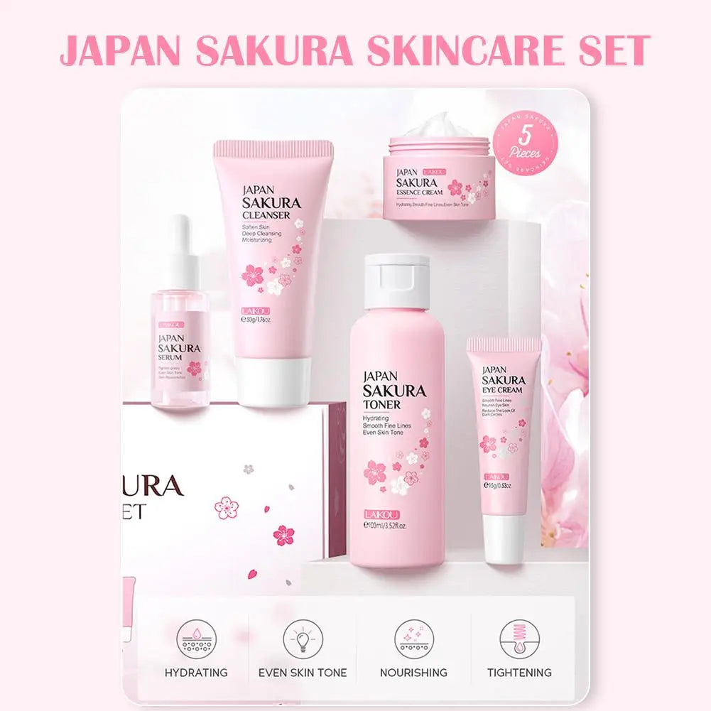 Set 3/5 Sakura Skin Care Crema Viso, Siero Toner, Detergente Viso, Protezione Solare, Crema Occhi, Confezione Regalo
