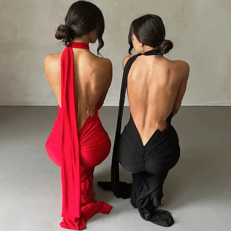 Abito da donna monospalla senza maniche da donna Sciarpa regolabile Loop increspato Backless
