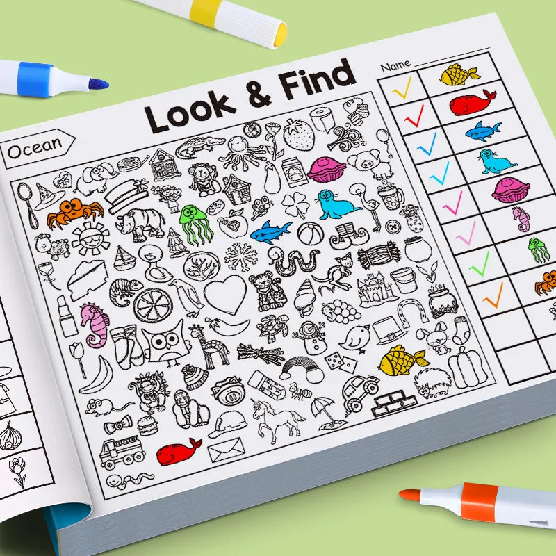 Gioco di ricerca di oggetti per bambini, migliora la percezione visiva, divertente libro da colorare, messa a fuoco e attenzione, libro di esercizi di scrittura a mano