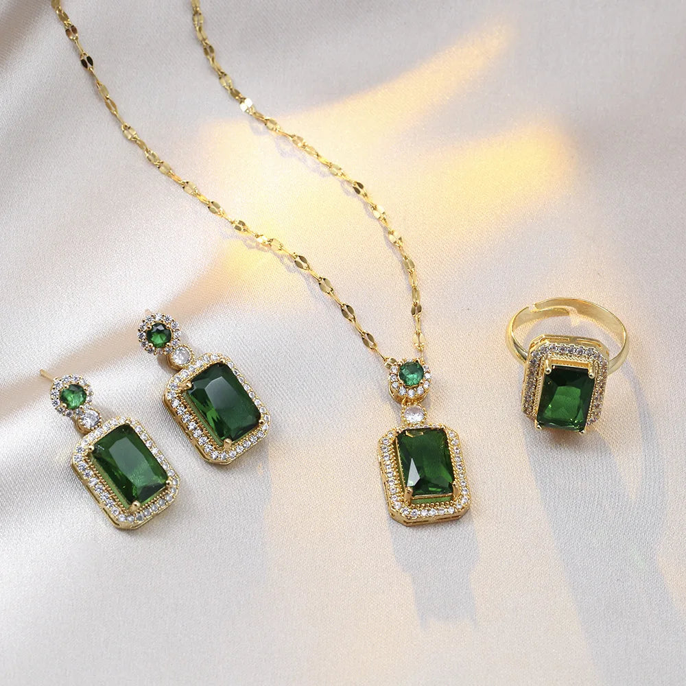 4PCS Set quadrato strass collana orecchini anello