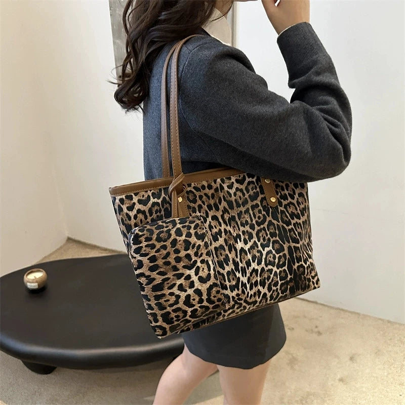 Borsa Leopard con custodia, elegante borsa a tracolla in pelle sintetica, shopping bag di grande capacità per l’uso quotidiano